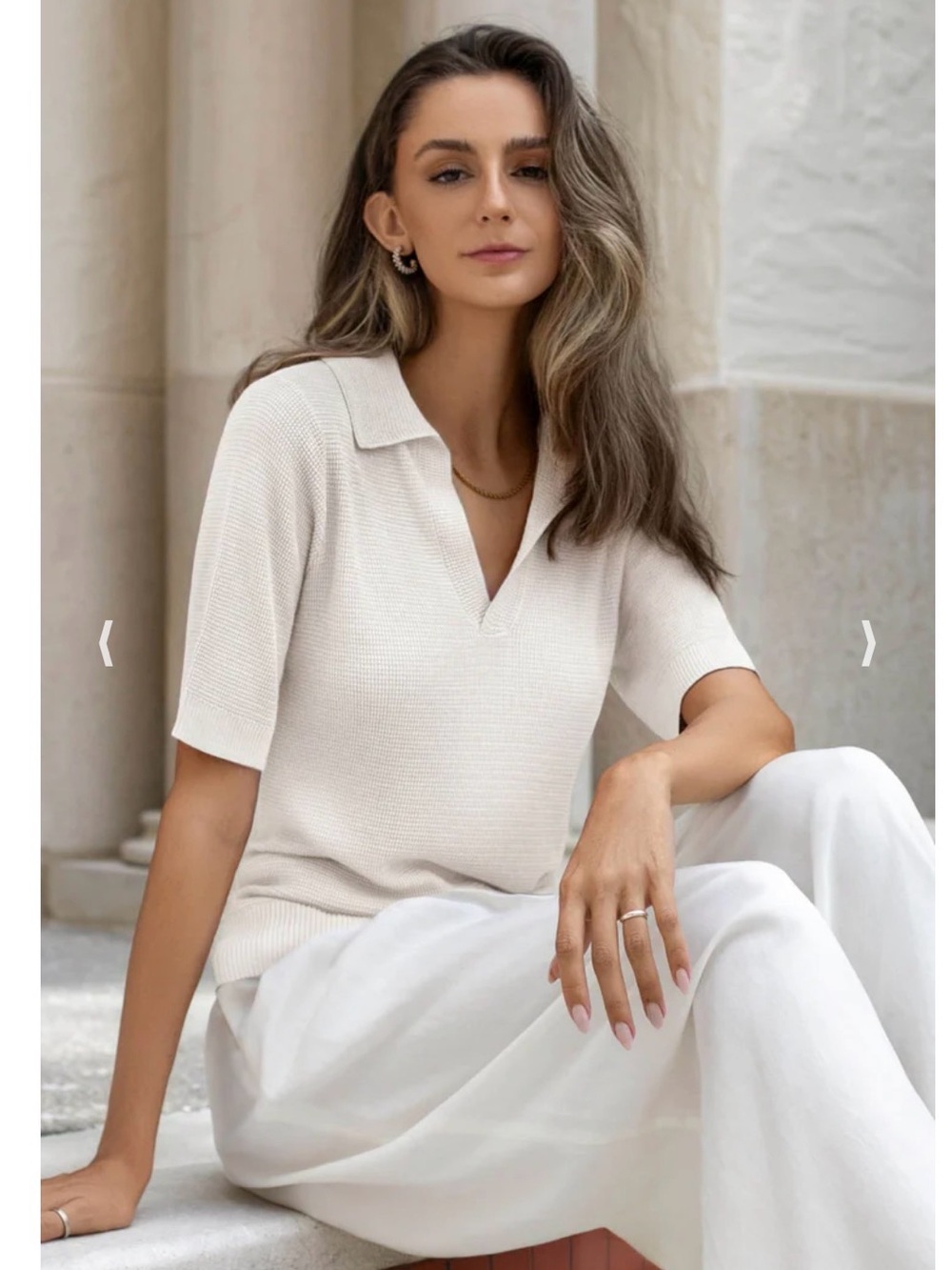 Classic Cream Knit Polo Short Sleeve Top